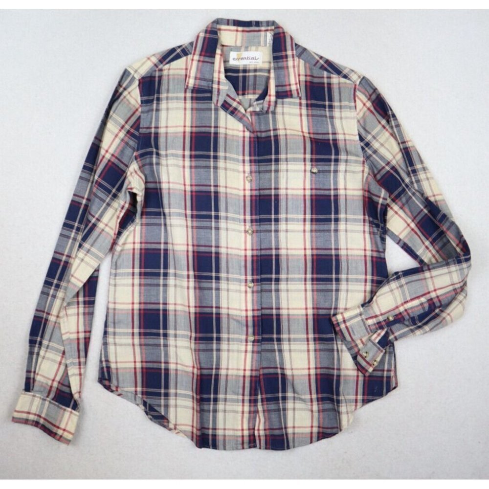 VINTAGE WOMEN'S BLUE & BEIGE PLAID LONG SLEEVE BUTTON-UP SHIRT - ESSENTIALS - 10